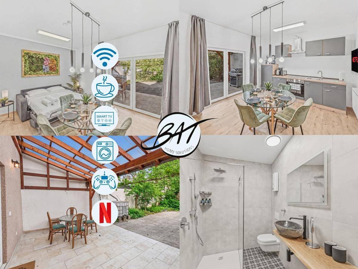 BAT Home Solutions Trier - alles was ein Hotel nicht bietet - Apartment mit STERNEN-Schlaf - ruhig im privaten hist Innenhof-Terrasse-Grill-Pergola - 5 Min zur Altstadt - direkt am Südbahnhof - für bis zu 4 Personen 1