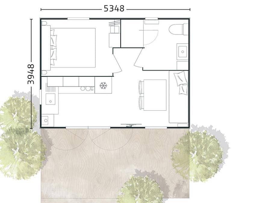 Foto 7 von 60: Camping Les Peupliers - Mobilheim 2 personen - Studio 20m² - 1 Zimmer 1 Doppelbett