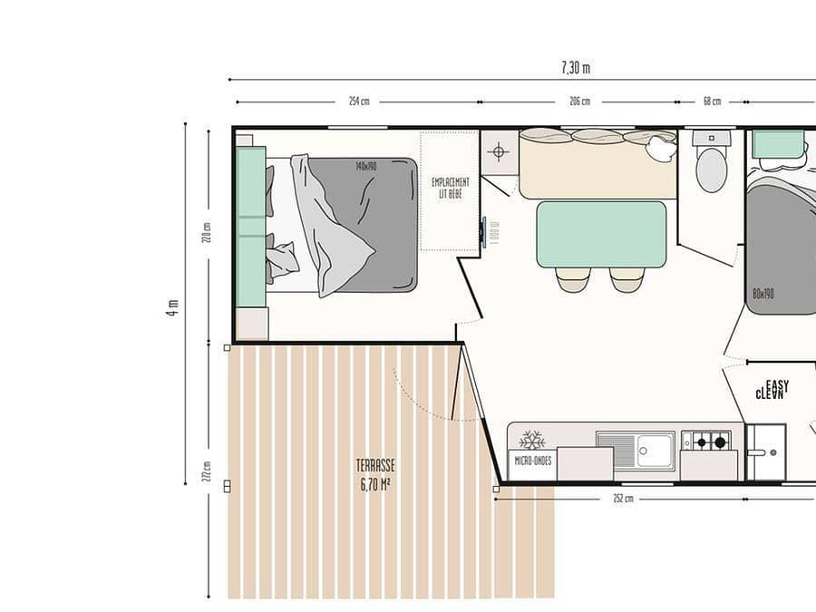 Foto 5 von 10: Camping Clair de Lune - Mobilheim 4 personen - Azur Sérénité 25 m² - 3 Räume - 2 Schlafzimmer - Klimaanlage